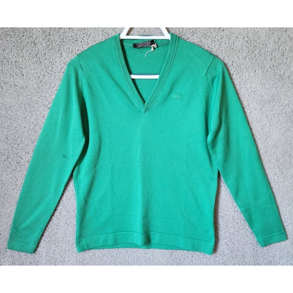 Vtg 70s Givenchy Sport Women's V Neck Knit Sweater Kelly Green Classic Preppy 36